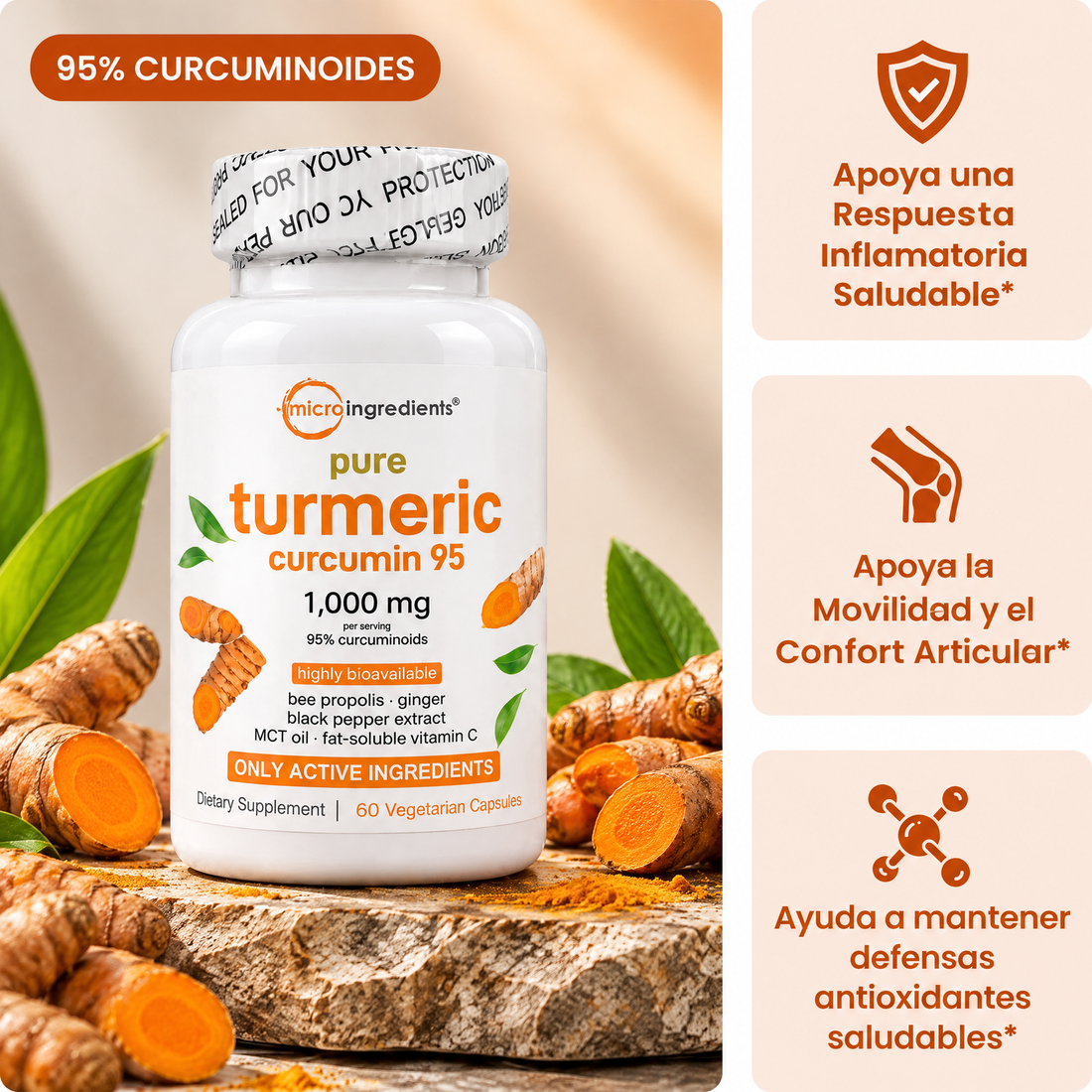 Turmeric Cúrcuma · frasco y beneficios